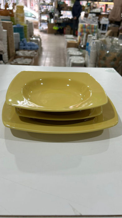 Serviciu de masa complet 30 piese, pentru 6 persoane, Portelan, Design Modern Galben, Farfurii Intinse, Adanci, Desert si Set Cesti cu Farfuriute [8]