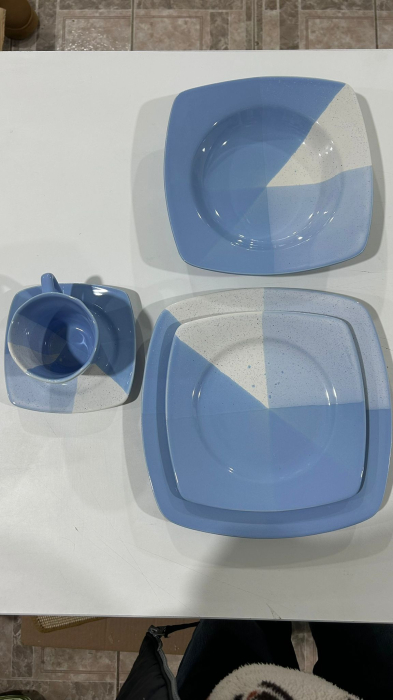 Serviciu de masa complet 30 piese, pentru 6 persoane, Portelan, Design Modern albastru-alb, Farfurii Intinse, Adanci, Desert si Set Cesti cu Farfuriute [9]