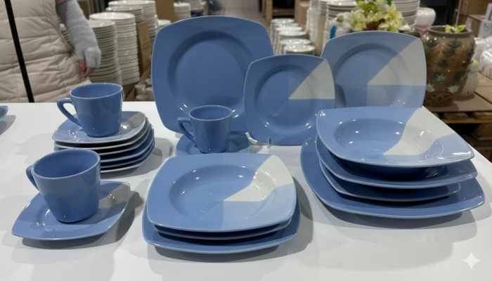 Serviciu de masa complet 30 piese, pentru 6 persoane, Portelan, Design Modern albastru-alb, Farfurii Intinse, Adanci, Desert si Set Cesti cu Farfuriute [3]