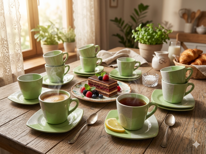 Set 24 piese, cesti cafea cu farfurioare, ceramica, model modern verde, set complet ceai/cafea [3]