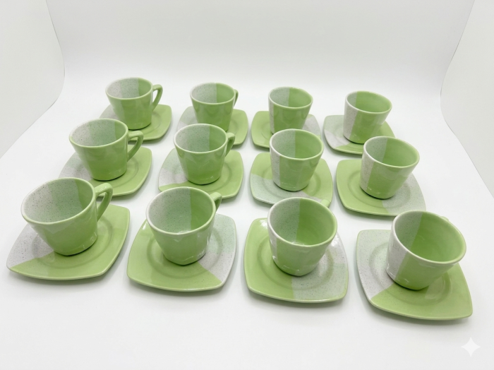 Set 24 piese, cesti cafea cu farfurioare, ceramica, model modern verde, set complet ceai/cafea [2]
