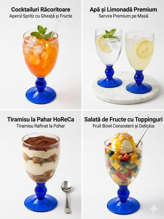 Set 9 pahare cu picior 400 ml, sticla transparenta cu baza albastra, pentru vin, cocktailuri si desert, elegante, reutilizabile [4]
