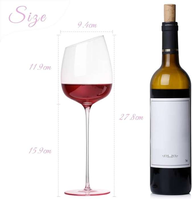 Set 2 pahare vin rosu NUTRIUPS 500 ml, cristal fara plumb, roz, picior lung, lucrate manual, cutie cadou [2]