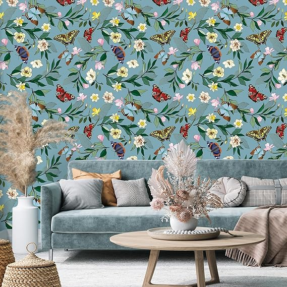 Tapet decorativ cu fluturi si flori albastre, vintage, autoadeziv, lavabil, detasabil, 44.5 cm x 300 cm [4]