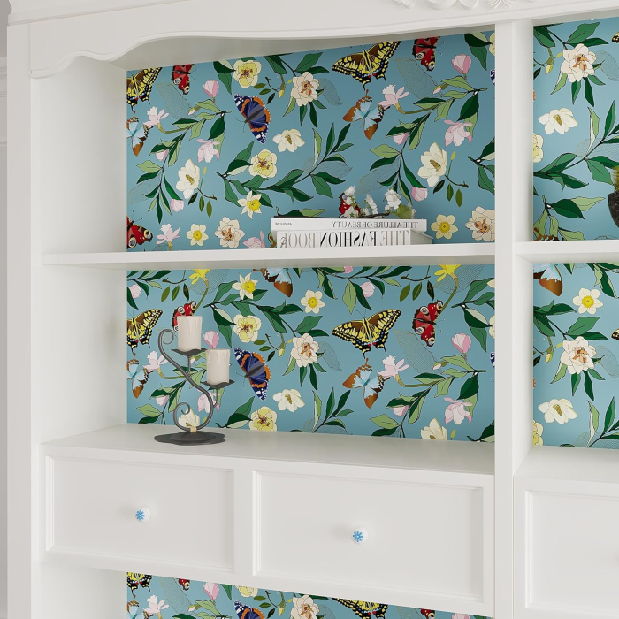 Tapet decorativ cu fluturi si flori albastre, vintage, autoadeziv, lavabil, detasabil, 44.5 cm x 300 cm [6]