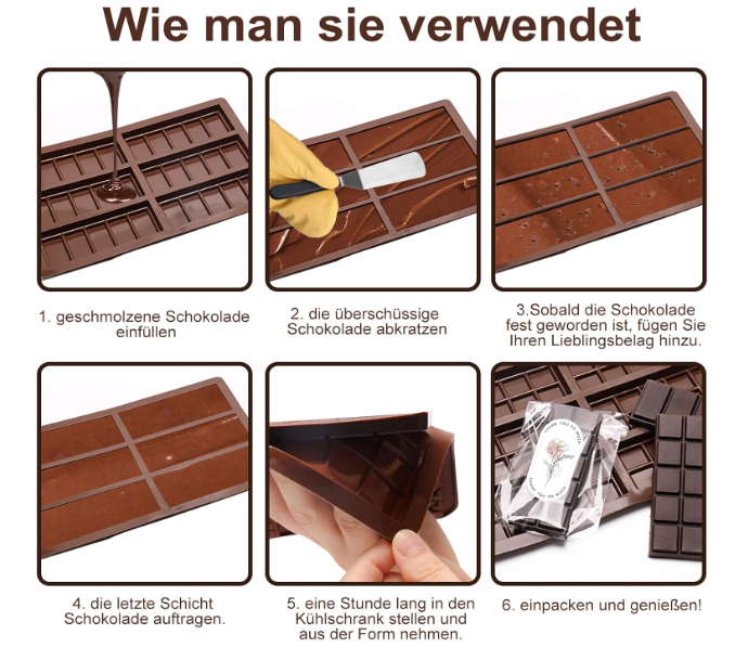 Matriță silicon 6 batoane cacao adânci + racletă, 100 pungi și 40 stickere, alimentară, ușor de demoldat [5]