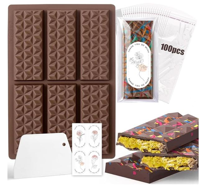 Matrita silicon 6 batoane cacao adanci + racleta, 100 pungi si 40 stickere, alimentara, usor de demoldat