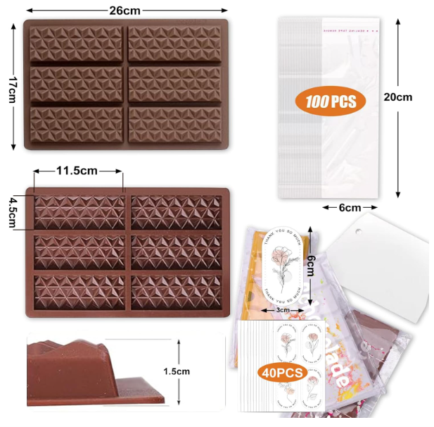 Matriță silicon 6 batoane cacao adânci + racletă, 100 pungi și 40 stickere, alimentară, ușor de demoldat [4]