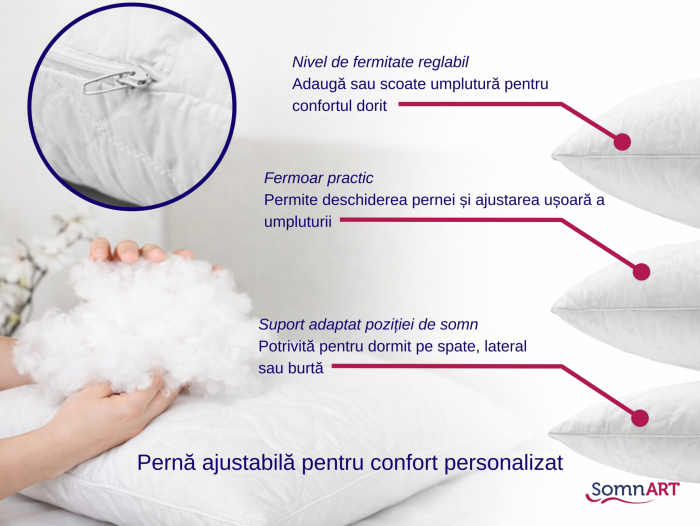Perna ajustabila 50×70 Somnia, microfibra, lavabila la masina, vidat, alb [3]