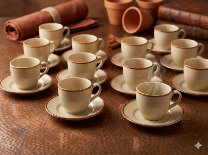 Set 24 piese, cesti cafea 200 ml cu farfurioare 15 cm, ceramica, crem cu margine maro, design clasic elegant [4]