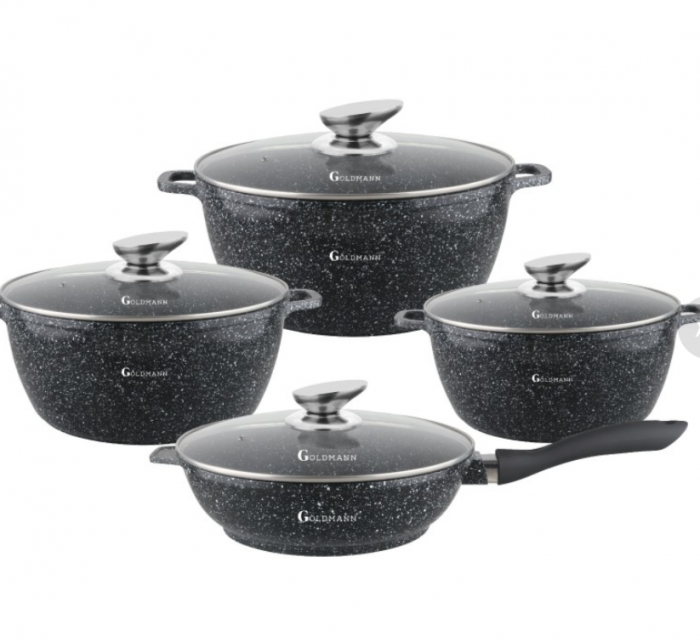 Set 8 piese cratite cu capace sticla, 20 24 28 cm, 2.3l 4.5l 6.5l, aluminiu turnat si invelis marmorat interior exterior