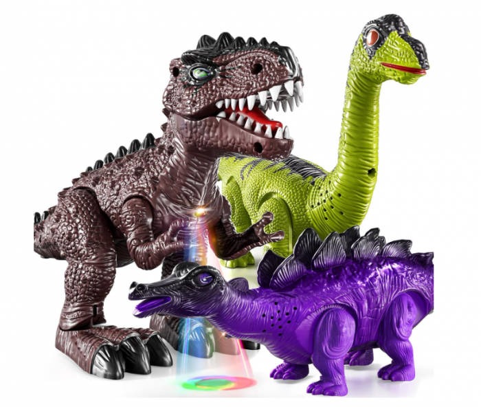 Set 3 dinozauri electrici ,   mers, sunet, lumina LED (Brachiosaurus, Stegosaurus, T,  Rex)