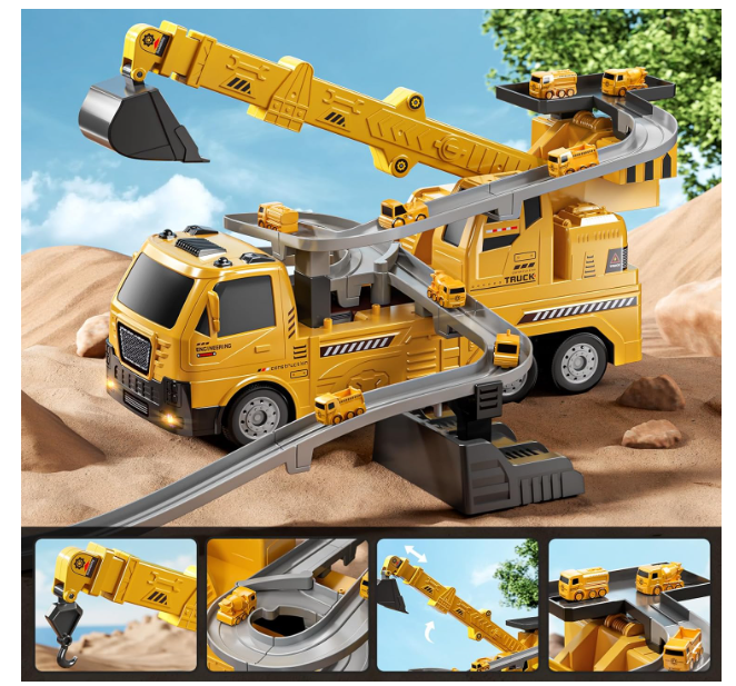 Camion construcții 5‑în‑1 cu vehicule demontabile – transportor + 4 mașini (buldozer, excavator, mixer, macara), roți & sunete [7]