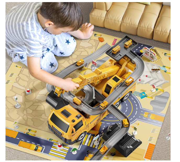 Camion construcții 5‑în‑1 cu vehicule demontabile – transportor + 4 mașini (buldozer, excavator, mixer, macara), roți & sunete [4]