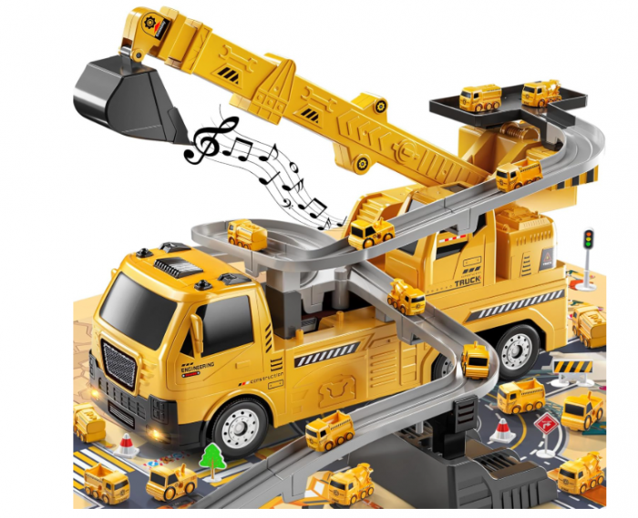 Camion constructii 5,  in,  1 cu vehicule demontabile ,   transportor + 4 masini (buldozer, excavator, mixer, macara), roti  sunete
