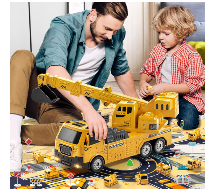 Camion construcții 5‑în‑1 cu vehicule demontabile – transportor + 4 mașini (buldozer, excavator, mixer, macara), roți & sunete [2]