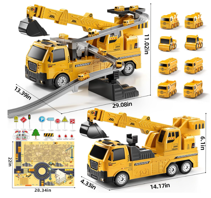 Camion construcții 5‑în‑1 cu vehicule demontabile – transportor + 4 mașini (buldozer, excavator, mixer, macara), roți & sunete [6]