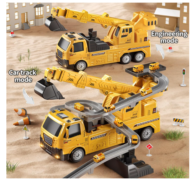Camion construcții 5‑în‑1 cu vehicule demontabile – transportor + 4 mașini (buldozer, excavator, mixer, macara), roți & sunete [5]