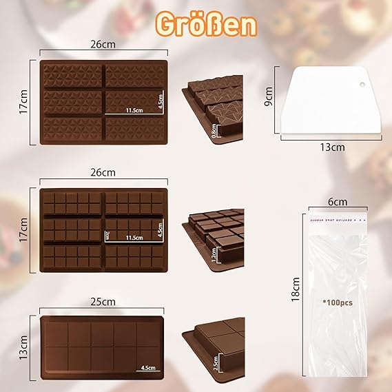 Set  3 Pieces Silicone Chocolate Molds with Pouch and Spatula, 100 Pcs Non-Stick Silicone Chocolate Bar Moulds Silicone Mould [4]