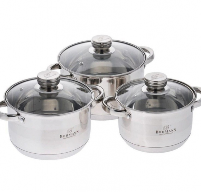 Set oale 6 piese Bohmann, (2.6L, 3.6L, 4.5L), inductie, cu capac sticla, Inox