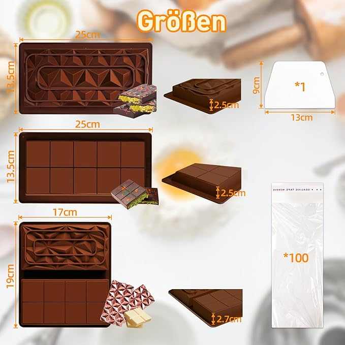 Set 3 forme ciocolata silicon, ciocolata Dubai, cu spatula si 100 pungi plastic, antiaderente, pentru praline, batoane si dulciuri [4]