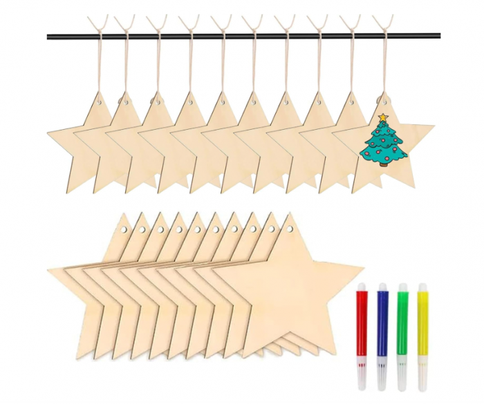Set 36 ornamente brad din lemn GoldRock ,   stele decupate, 4 markere, sfoara iuta