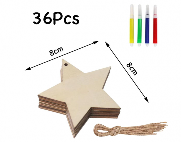 Set 36 ornamente brad din lemn GoldRock – stele decupate, 4 markere, sfoară iută [2]