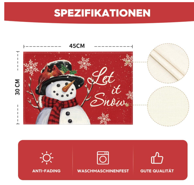 Set 4 feţe de masă „Snowman” 30×45 cm, poliester 100 %, anti-şifonare, lavabile, décor Crăciun [6]