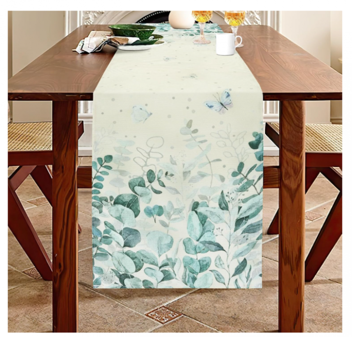 Napron de masa   Butterfly Eucalyptus   40A 140,  cm ,   decor aniversar primavara-vara, imprimeu plante si fluturi, pentru interior exterior