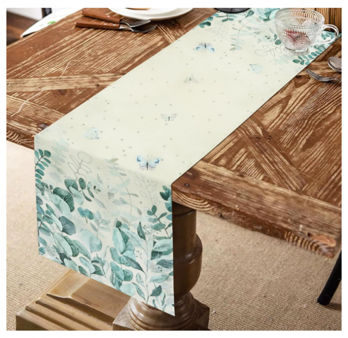 Napron de masă "Butterfly Eucalyptus" 40×140 cm – decor aniversar primăvară-vară, imprimeu plante și fluturi, pentru interior/exterior [8]