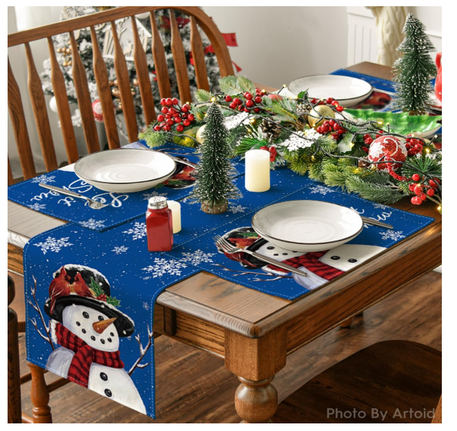 Set 4 feţe de masă „Snowman” 30×45 cm, poliester 100 %, anti-şifonare, lavabile, décor Crăciun - albastru [7]