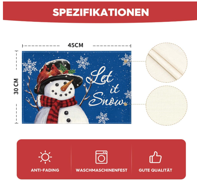 Set 4 feţe de masă „Snowman” 30×45 cm, poliester 100 %, anti-şifonare, lavabile, décor Crăciun - albastru [6]
