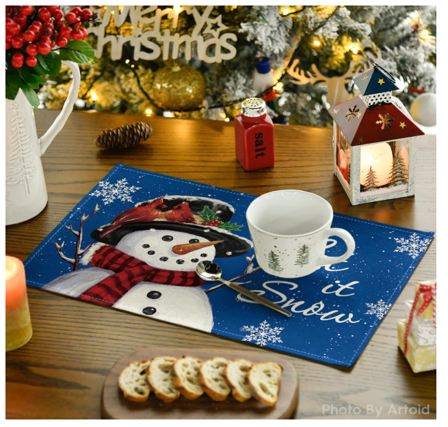 Set 4 feţe de masă „Snowman” 30×45 cm, poliester 100 %, anti-şifonare, lavabile, décor Crăciun - albastru [3]