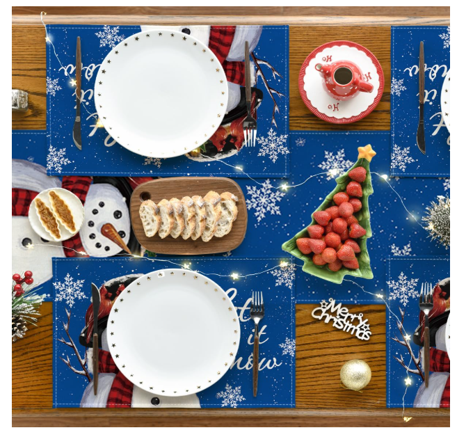 Set 4 feţe de masă „Snowman” 30×45 cm, poliester 100 %, anti-şifonare, lavabile, décor Crăciun - albastru [5]