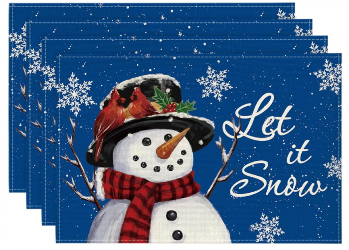 Set 4 fete de masa , zSnowman,   30A 45,  cm, poliester 100,  %, anti-sifonare, lavabile, decor Craciun - albastru