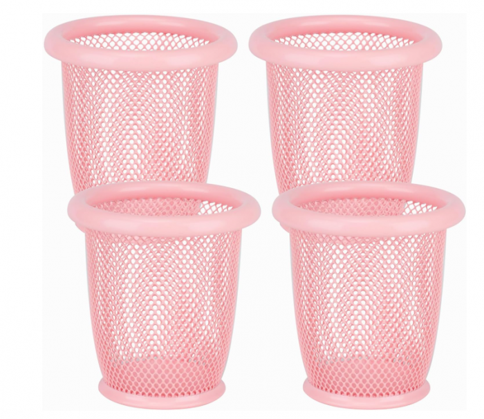 Set 4 suporturi din metal mesh, roz, pentru pixuri si accesorii
