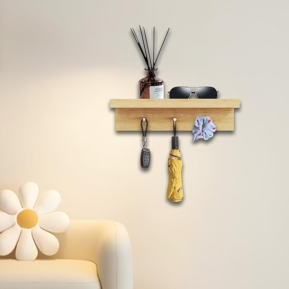 cuier/ suport chei decorativ perete, organizator bambus cu 3 cârlige și tavă, montaj cu șuruburi, hol, bucătărie, birou, stil farmhouse [3]