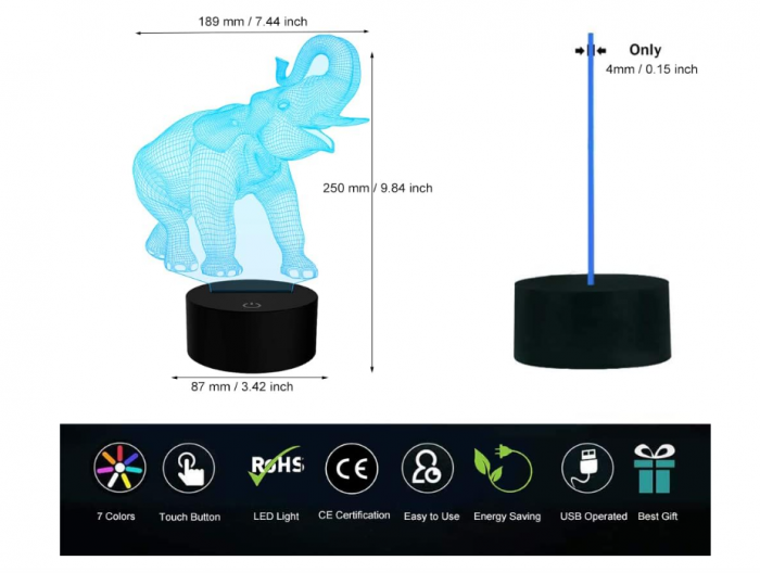 Lampă LED 3D „Iluzie Optică” Elefant, schimbare 7–16 culori, comandă tactilă + telecomandă, USB/baterii – decor Crăciun & cadou copii [6]