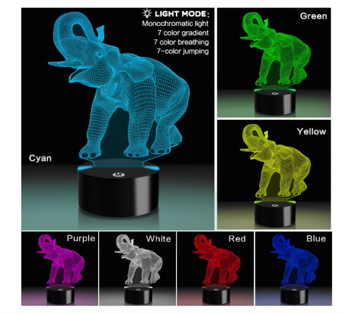 Lampă LED 3D „Iluzie Optică” Elefant, schimbare 7–16 culori, comandă tactilă + telecomandă, USB/baterii – decor Crăciun & cadou copii [2]