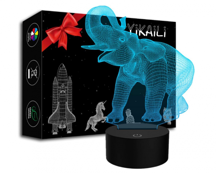 Lampa LED 3D , zIluzie Optica,   Elefant, schimbare 7,  16 culori, comanda tactila + telecomanda, USB baterii ,   decor Craciun  cadou copii