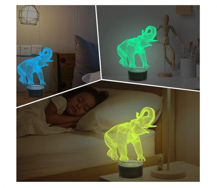 Lampă LED 3D „Iluzie Optică” Elefant, schimbare 7–16 culori, comandă tactilă + telecomandă, USB/baterii – decor Crăciun & cadou copii [3]
