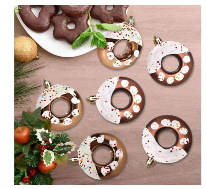 Set 6 ornamente brad Crăciun – globuri “donut” gri cu sclipici și stelă, Ø8 cm [3]