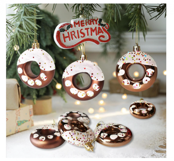Set 6 ornamente brad Crăciun – globuri “donut” gri cu sclipici și stelă, Ø8 cm [7]