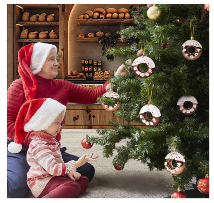 Set 6 ornamente brad Crăciun – globuri “donut” gri cu sclipici și stelă, Ø8 cm [5]