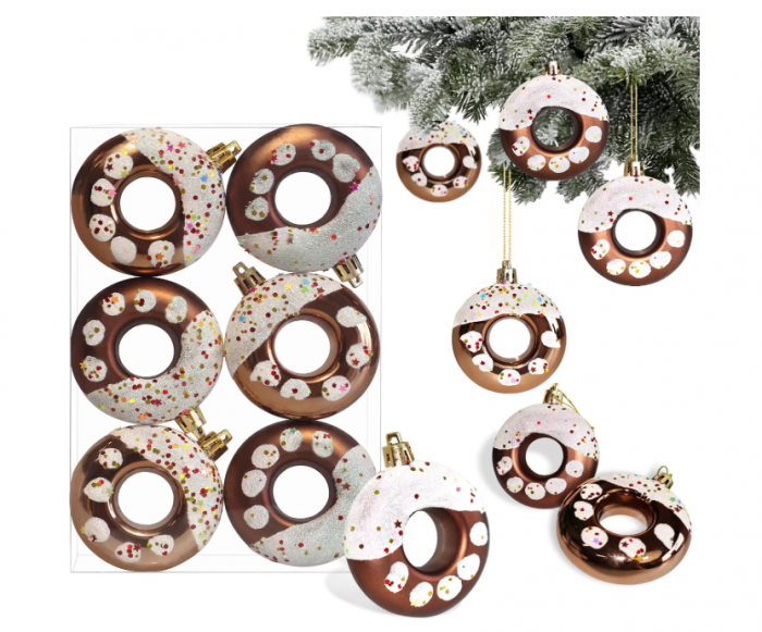 Set 6 ornamente brad Craciun ,   globuri , œdonut,   gri cu sclipici si stela, O8,  cm