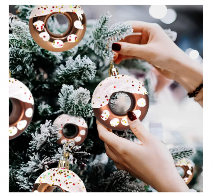 Set 6 ornamente brad Crăciun – globuri “donut” gri cu sclipici și stelă, Ø8 cm [4]