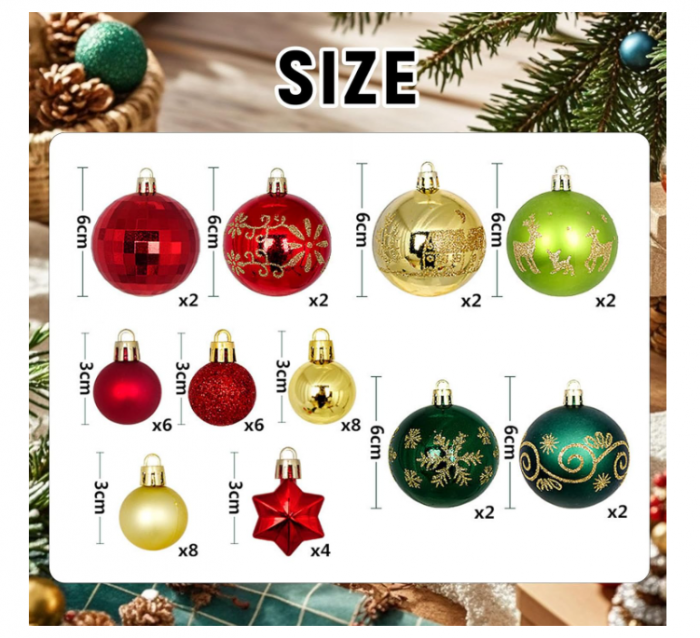 Set 44 globuri Crăciun plastice – 32 globuri Ø 6 cm + 12 mini Ø 3 cm, roșu-auriu-verde [2]