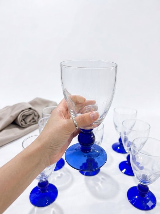 Set 9 pahare cu picior 400 ml, sticla transparenta cu baza albastra, pentru vin, cocktailuri si desert, elegante, reutilizabile [2]