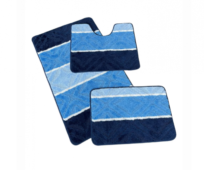 Set covoras de baie 3 piese, polipropilena, 100x60, 60x50, 40x60, Albastru Dungi [3]