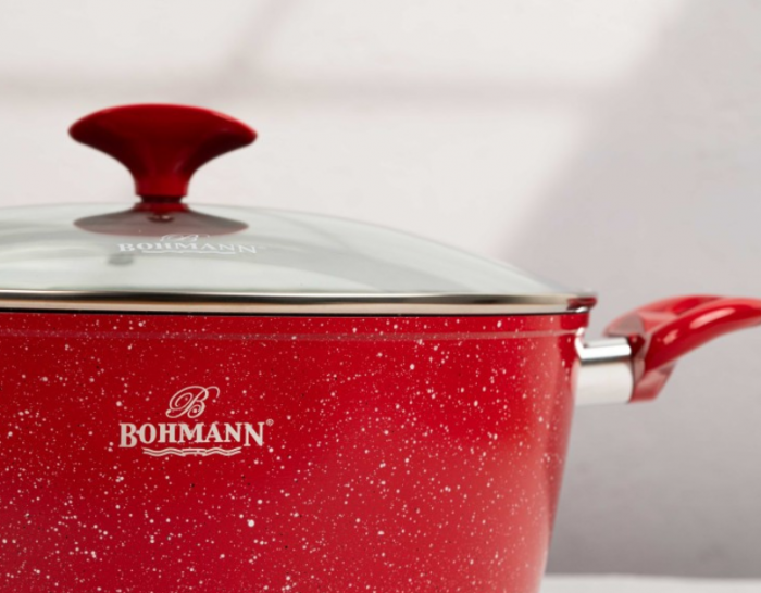 Set cratite din aluminiu forjat, 7 piese, Bohmann, marmorat interior-exterior, inclusiv inductie, rosu [8]